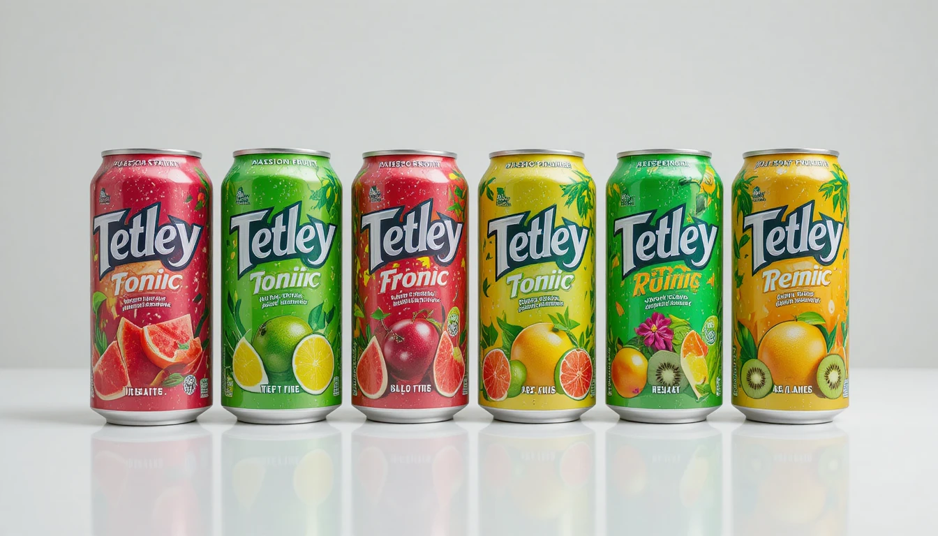 白色背景上的多款 Tetley 水果運動飲料罐