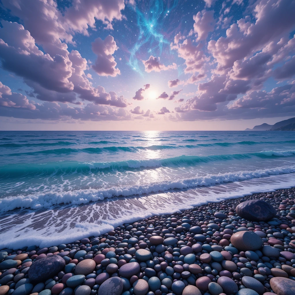 Mar etéreo e costa de gemas sob um céu celestial