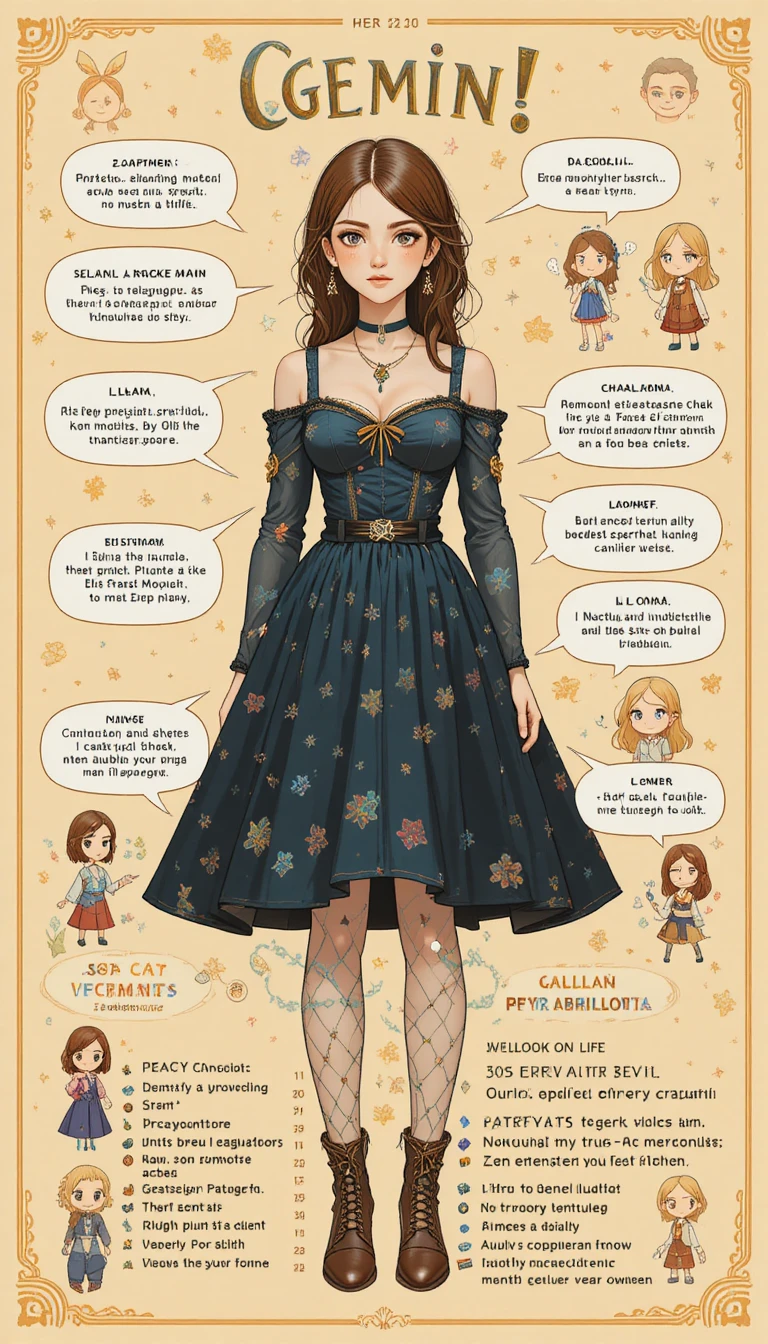 双子座の女性キャラクターポスター（ロシア語の黄道帯インフォグラフィック付き）