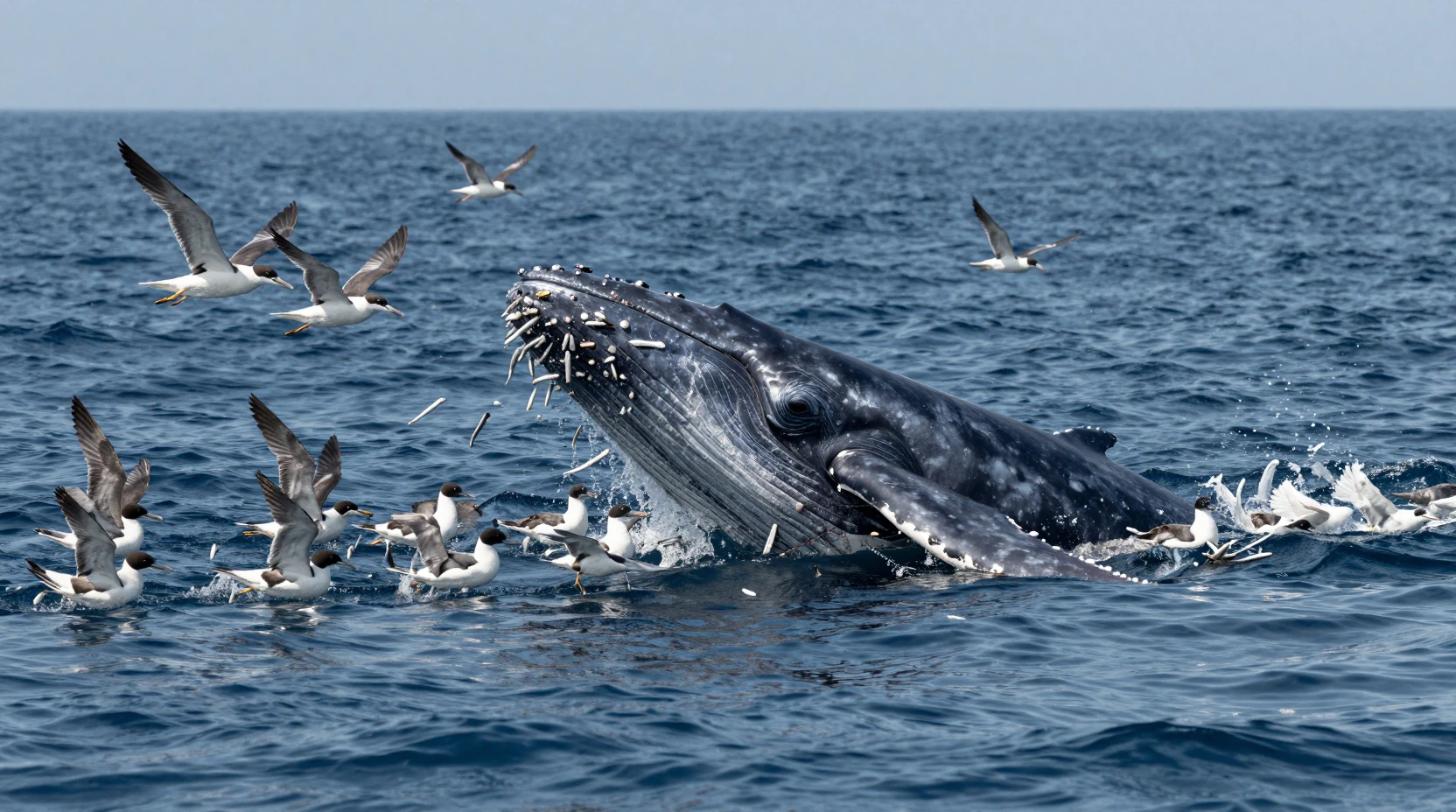Ballena jorobada cazando anchoas en una amplia escena oceánica