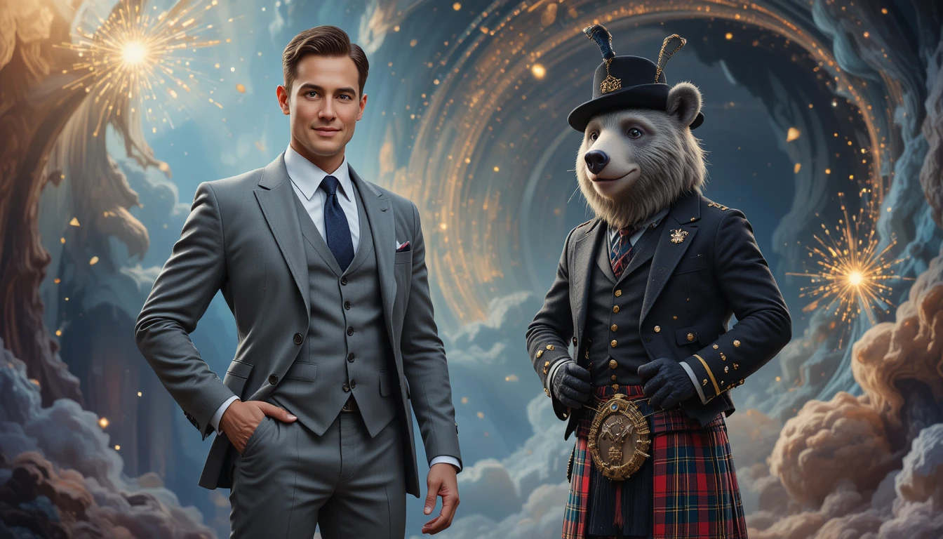 Homme et ours anthropomorphe en tenue écossaise côte à côte