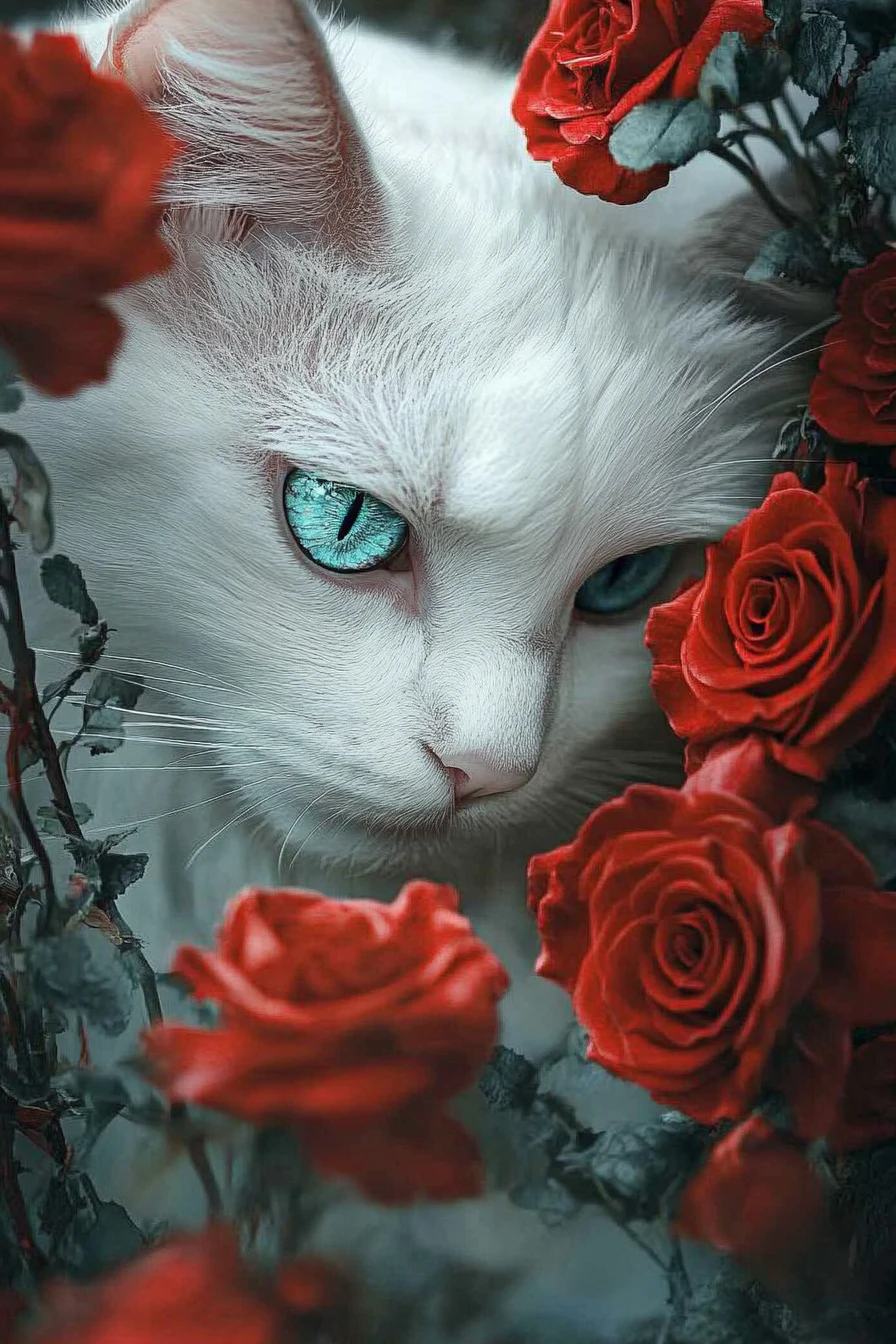 Chat blanc aux yeux bleus avec des roses dans une forêt de rêve