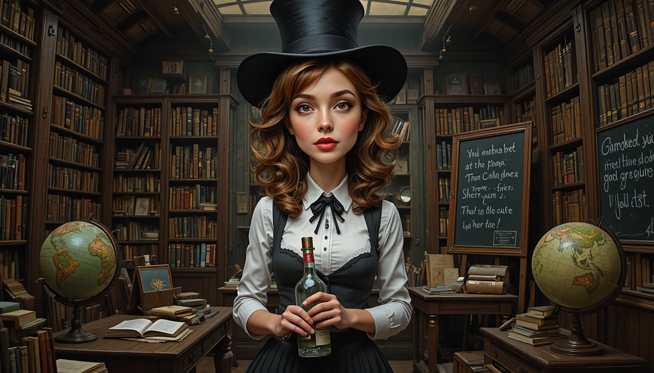 Donna seria con cilindro in una biblioteca vintage