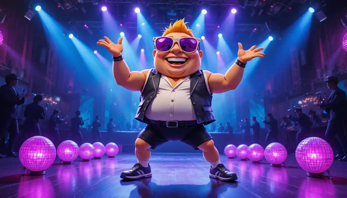 Illustrazione di mascotte patata danzante su un vivace palco da concerto