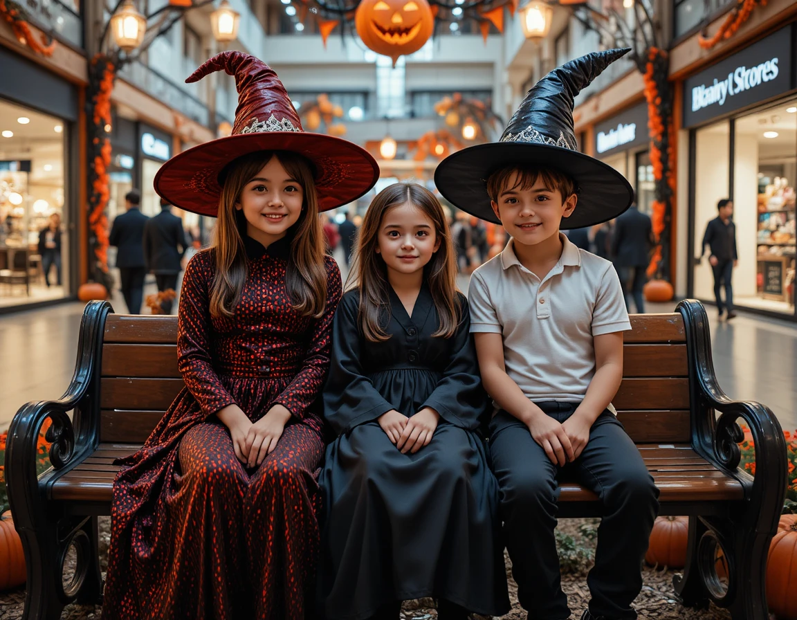 Três crianças compartilhando um momento aconchegante de Halloween em um banco