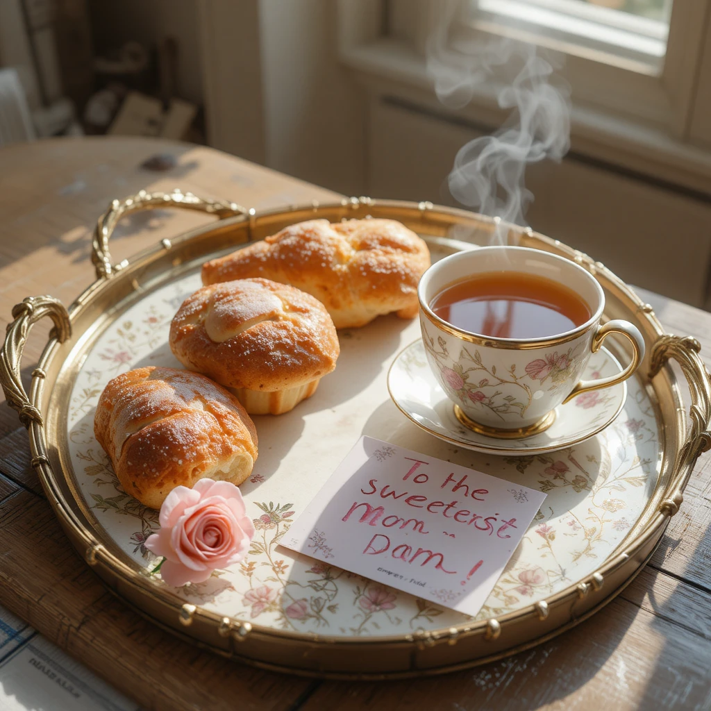 Gemütliches Frühstückstablett mit Gebäck, Tee und einer einzelnen Rose