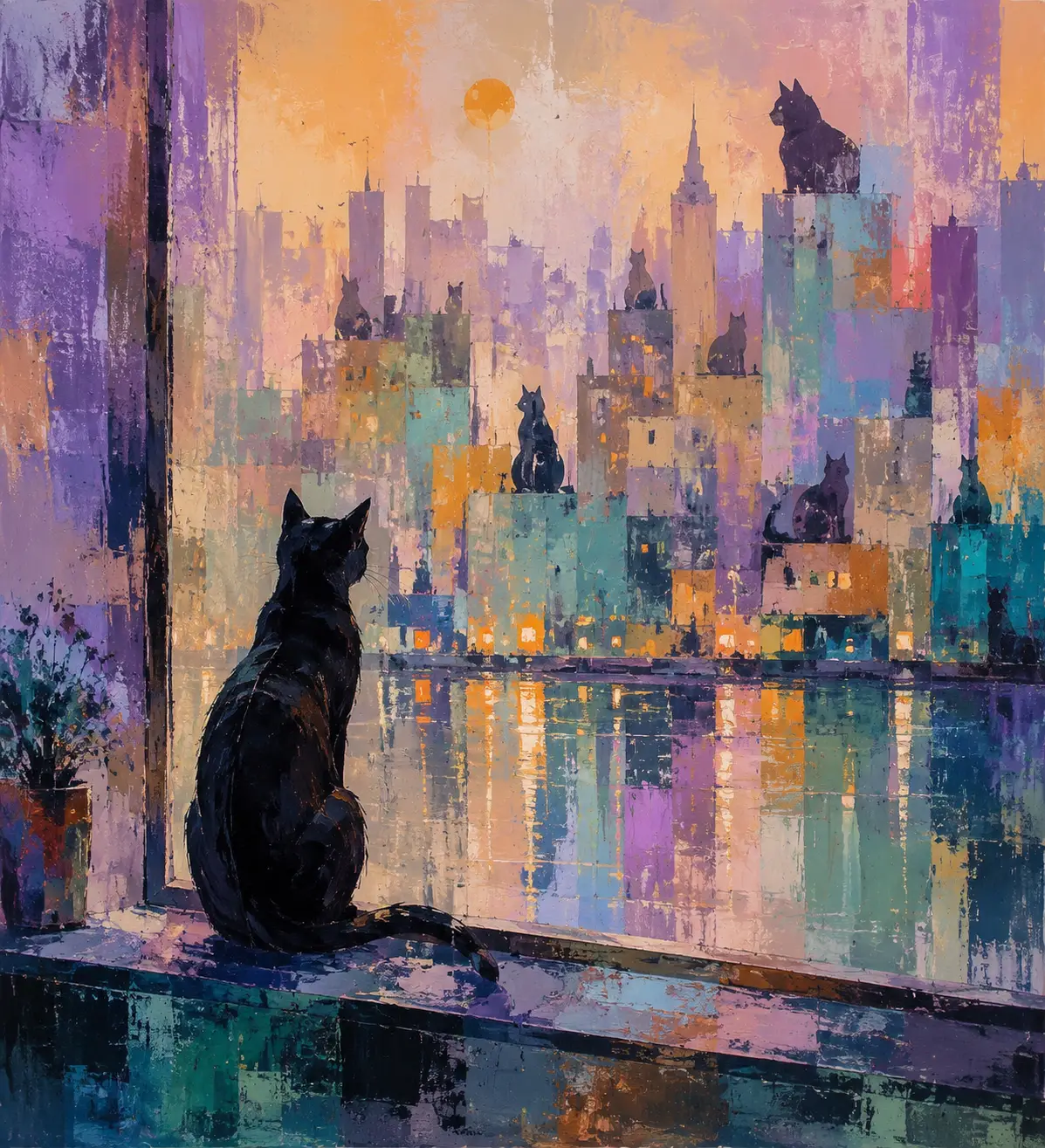 Paysage urbain abstrait et onirique au crépuscule avec chat contemplatif