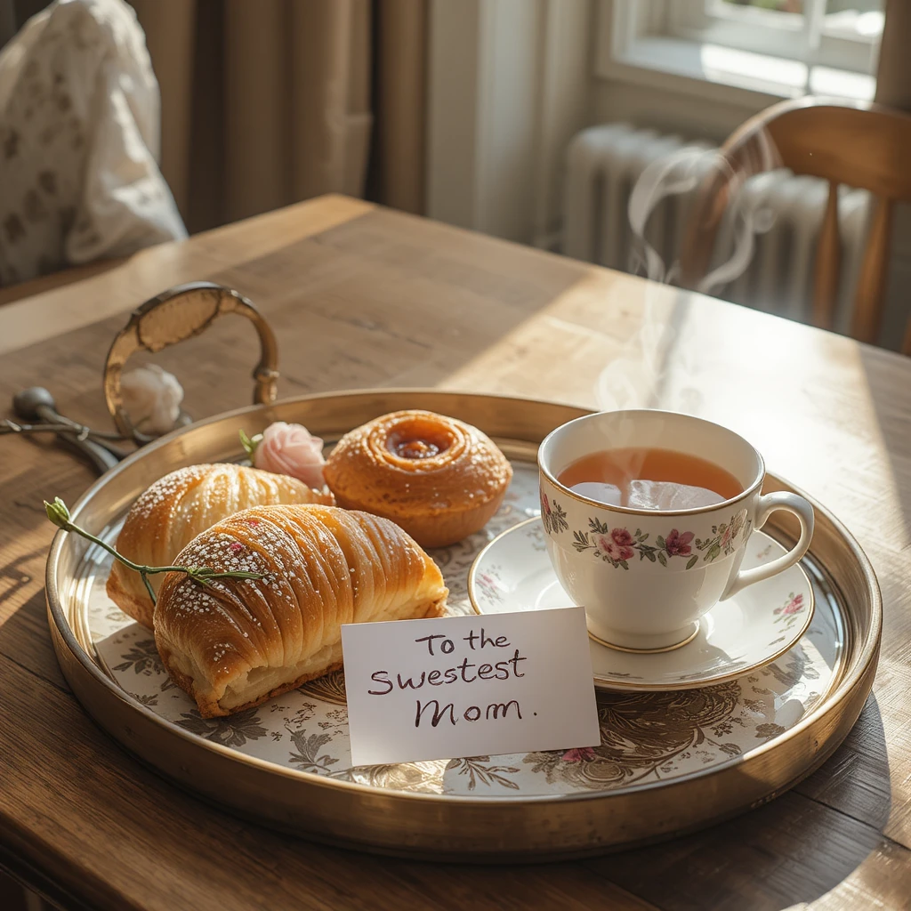 Plateau de petit-déjeuner cosy avec viennoiseries, thé et une seule rose