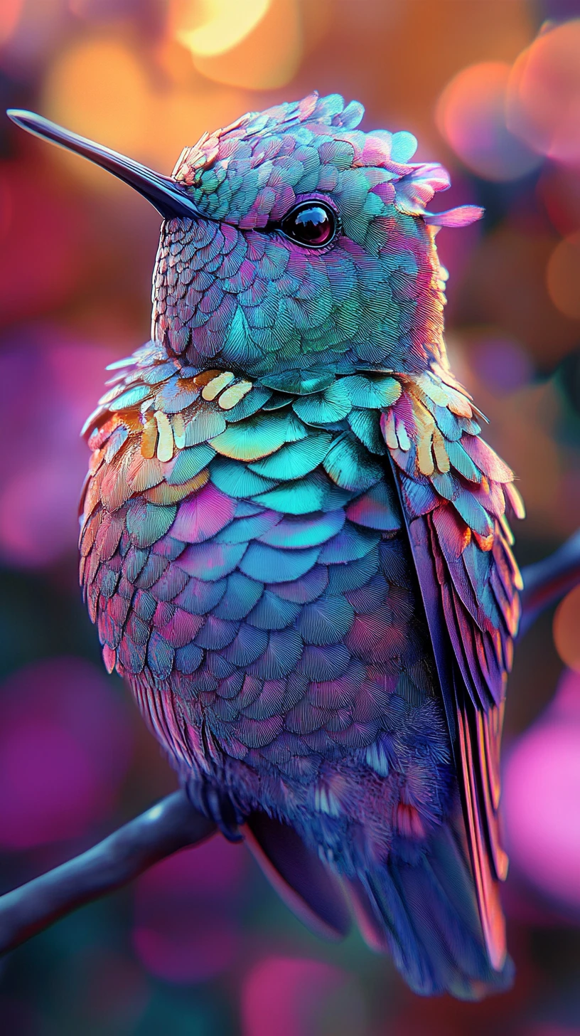 Beija-flor fantasioso com penas em tons de joia