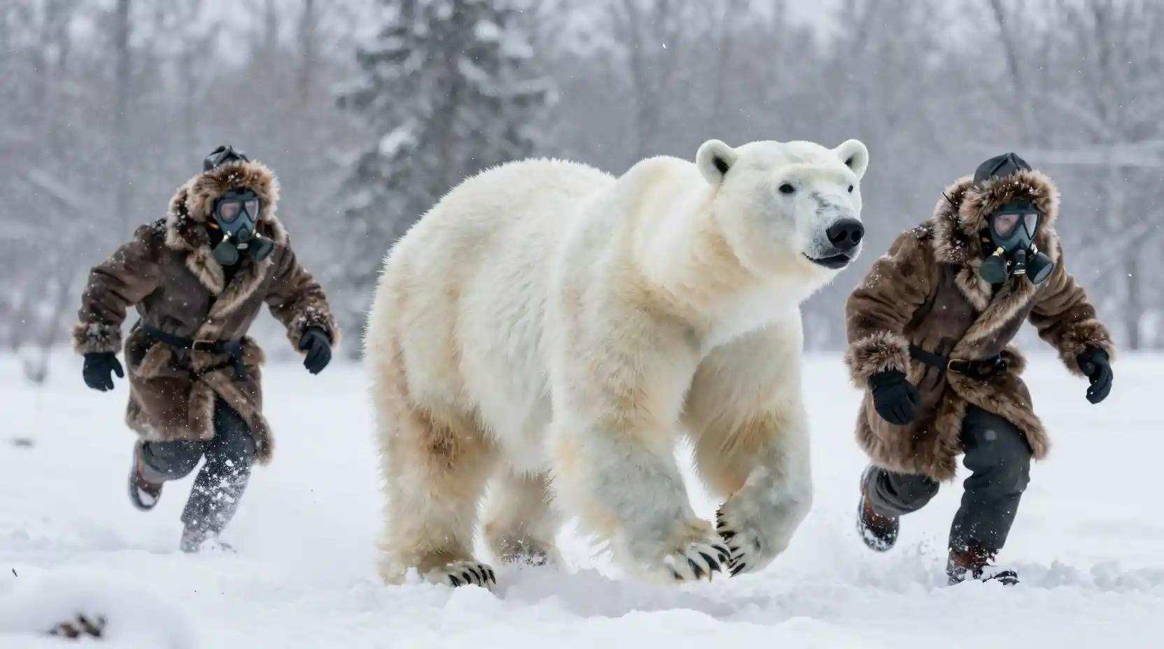 Polar bear chasing two men through a heavy snowstorm