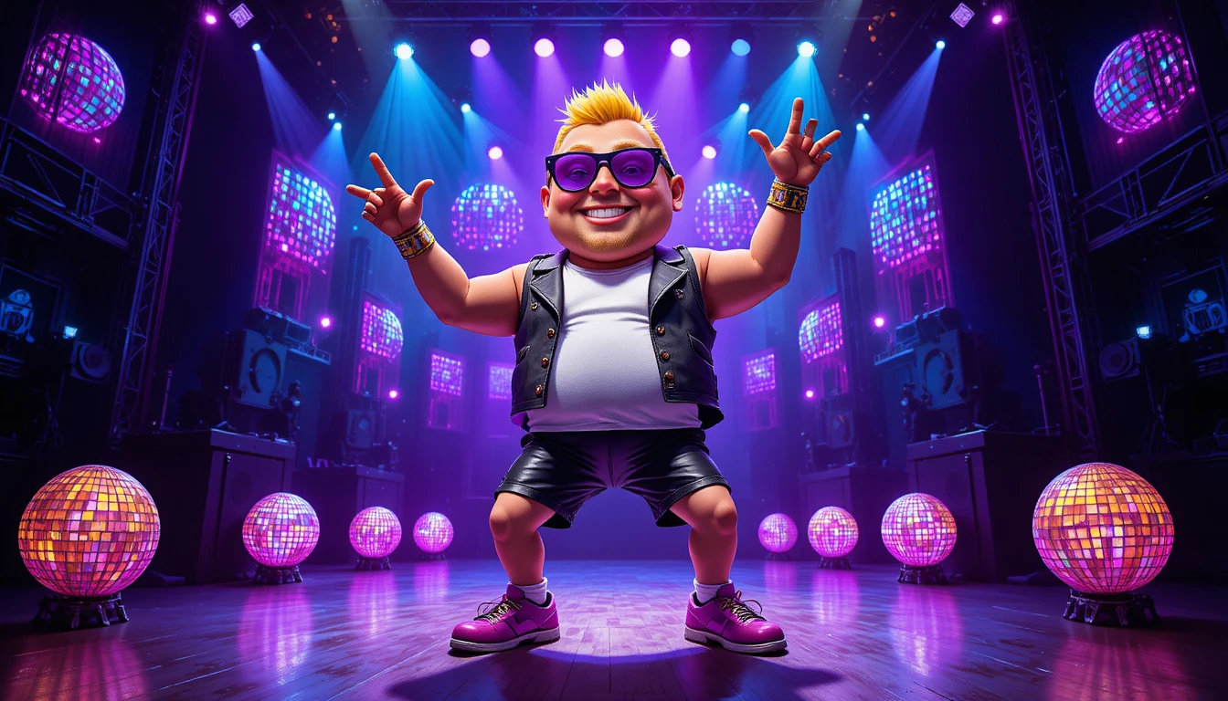 Personagem batata dançante em um palco de show vibrante