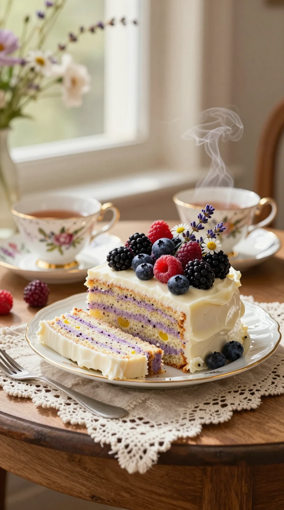 Fatias de bolo de lavanda com limão e frutas vermelhas na luz da manhã