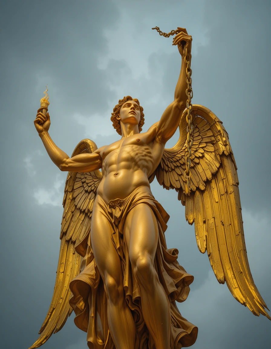 Statue ailée dorée tenant une torche et une chaîne brisée