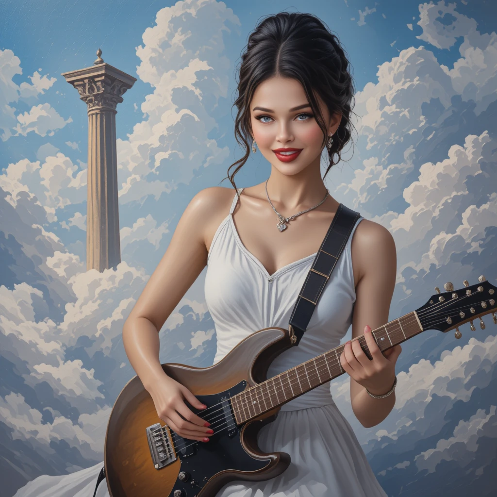 Mulher de vestido branco tocando guitarra entre as nuvens