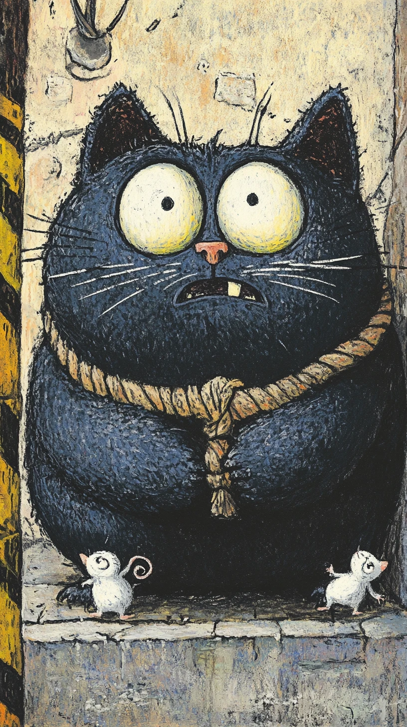 Gato preto em pânico arrastado por ratos em ilustração de terror