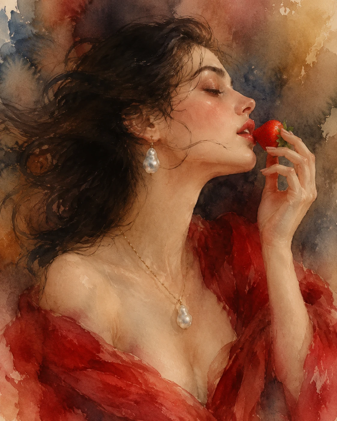 Retrato em aquarela de uma mulher saboreando um morango