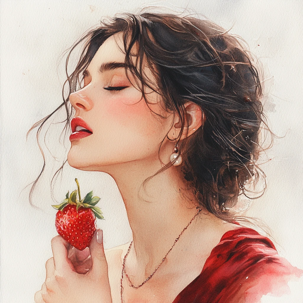 Retrato em aquarela de uma mulher saboreando um morango