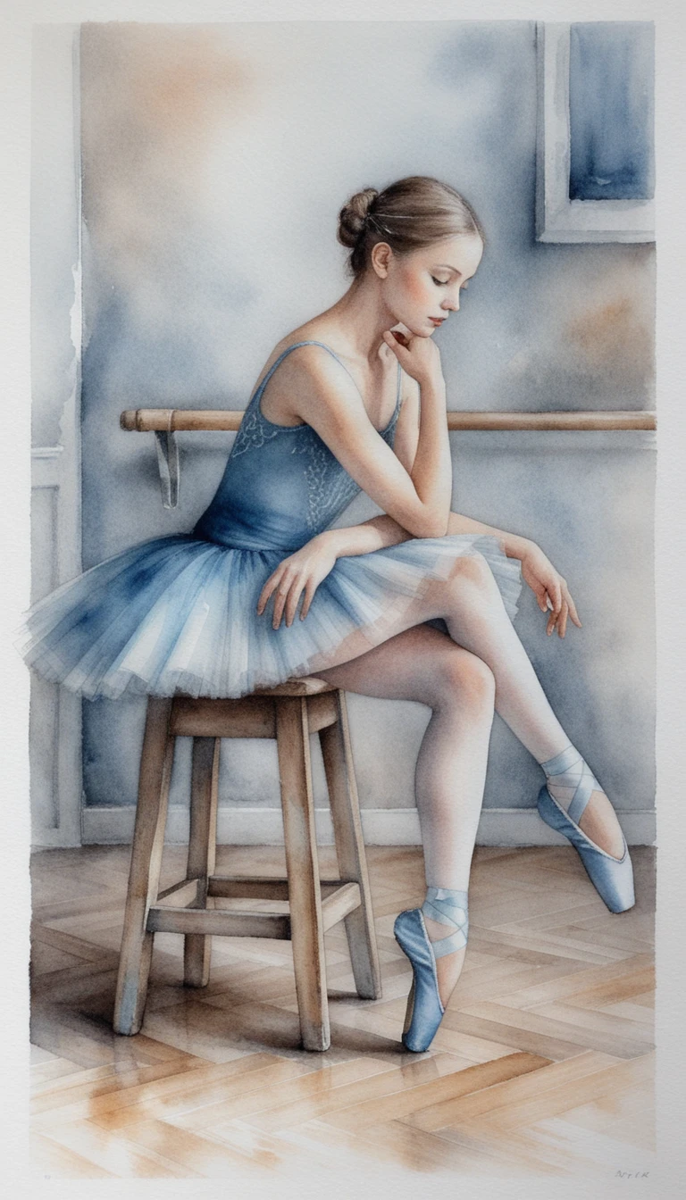 Nachdenkliche Ballerina auf Holzschemel im türkisfarbenen Studio