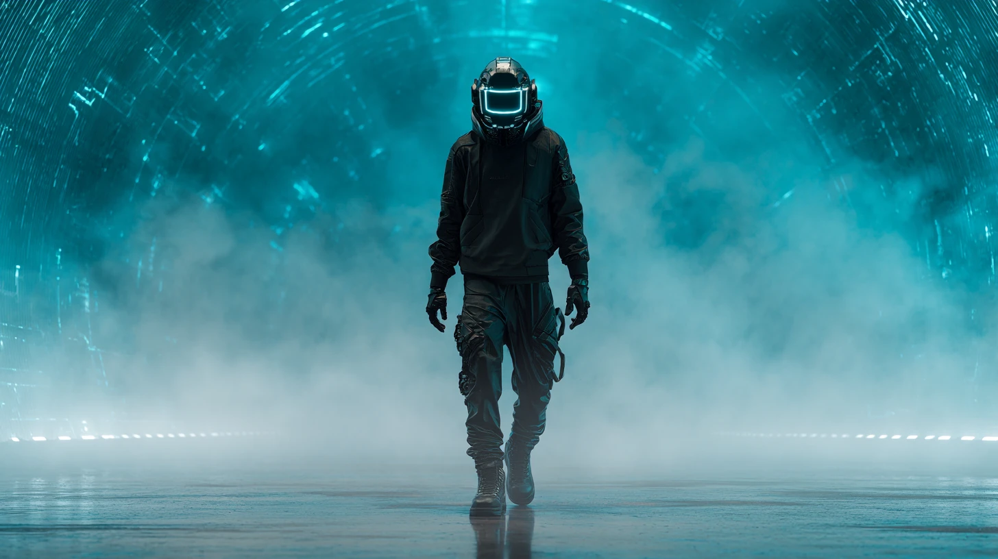 Homem futurista em armadura preta com visor de capacete brilhante