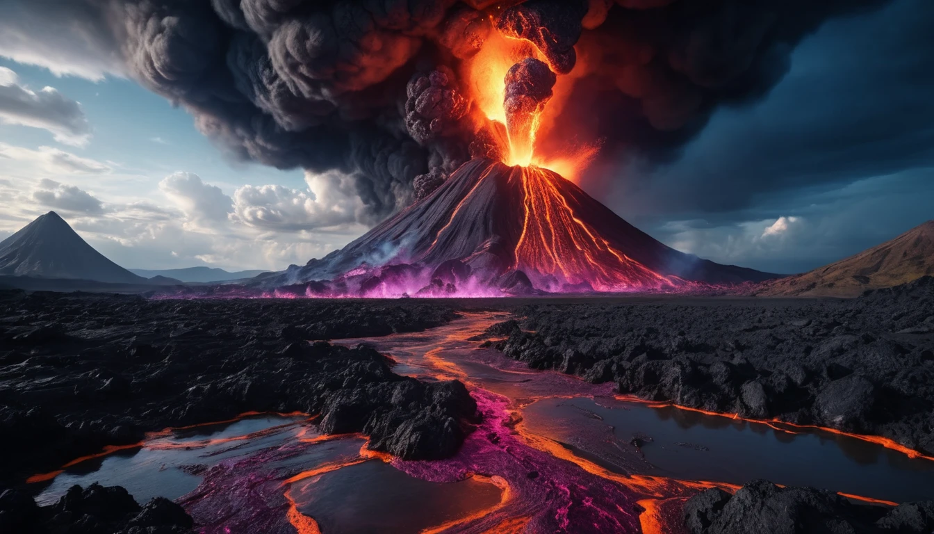 Vulcão em erupção sobre rios de lava alienígena ao anoitecer