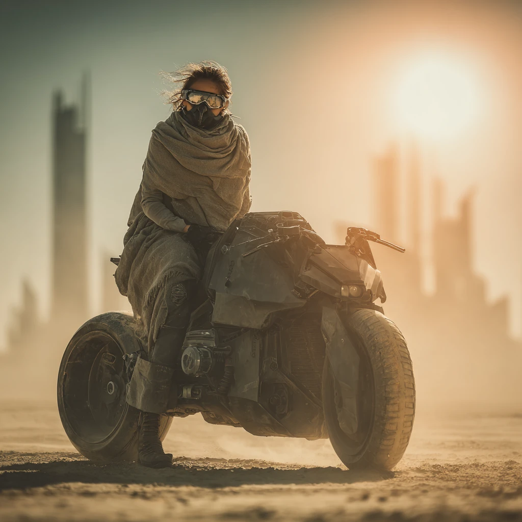 Viajante solitário ao lado de moto voadora em deserto banhado pelo sol