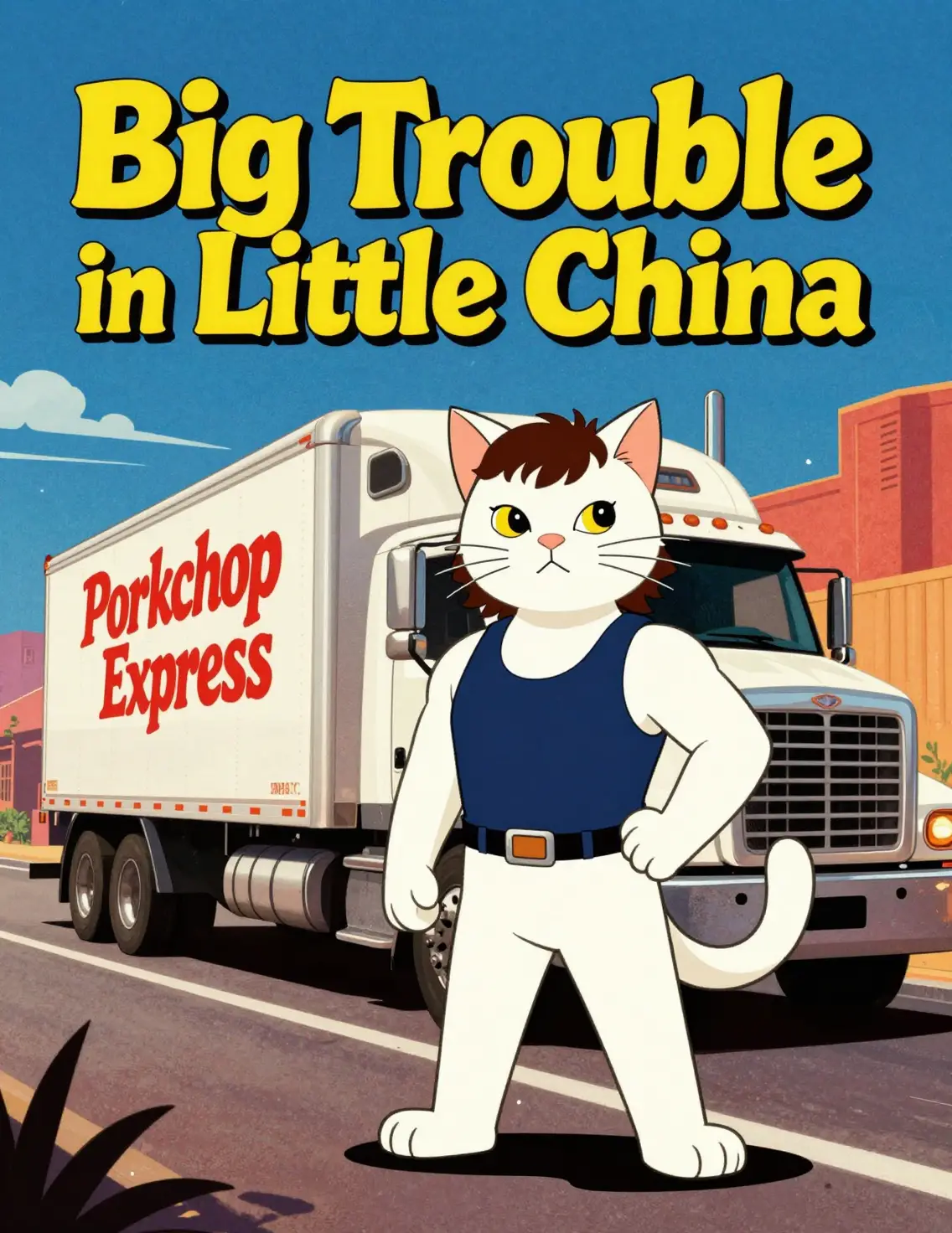 Retro-Katzen-Filmposter mit LKW im markanten 80er-Jahre-Stil
