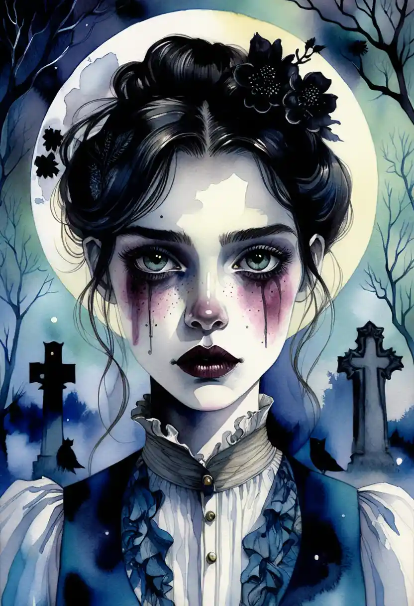 Donna gotica in un cimitero sotto un cielo notturno illuminato dalla luna