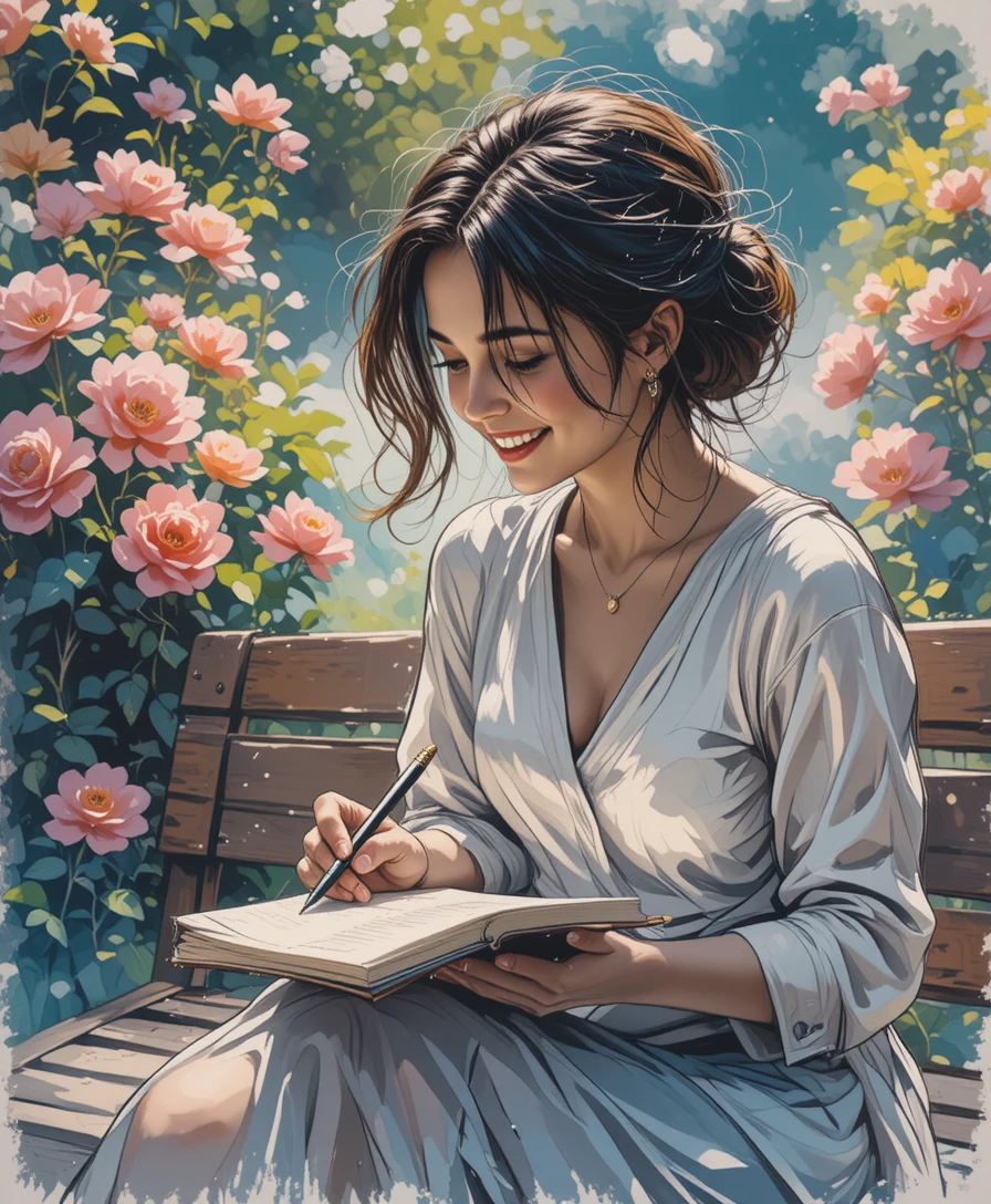 Donna che scrive su un quaderno su una panchina in giardino