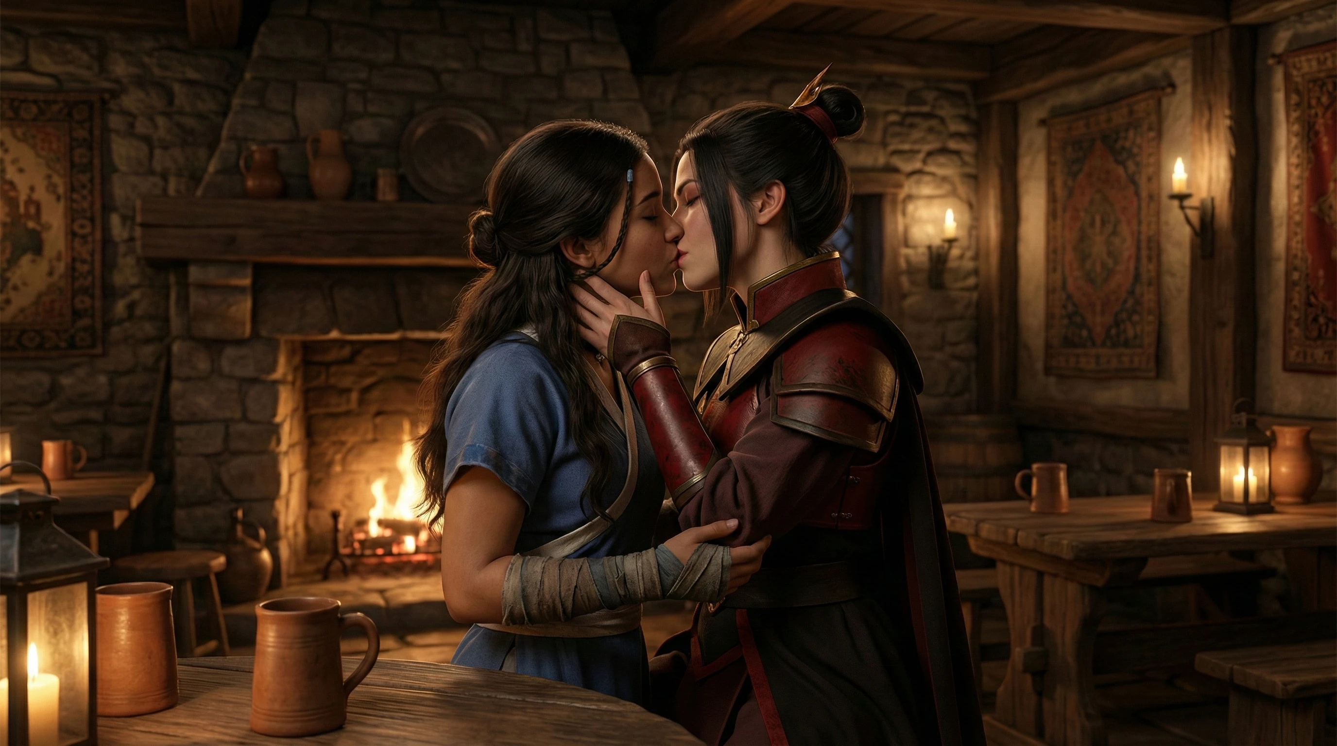 Baiser passionné entre deux filles dans une ancienne taverne