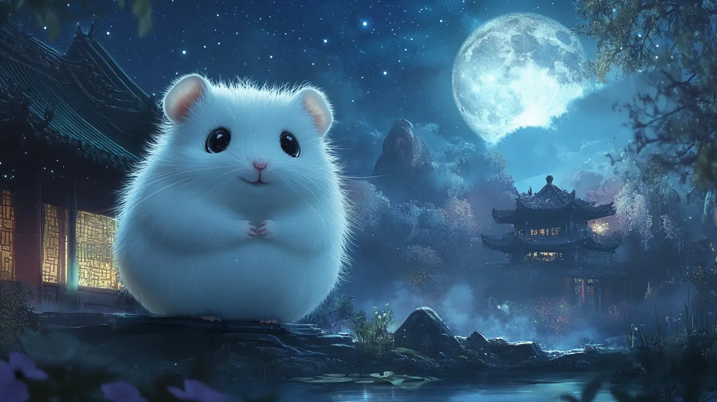 Hamster branco fofinho em um jardim chinês ao luar