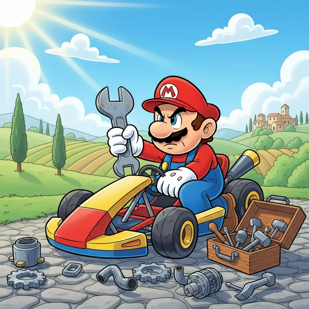 Cartoon racer fixing a colorful kart in sunny countryside