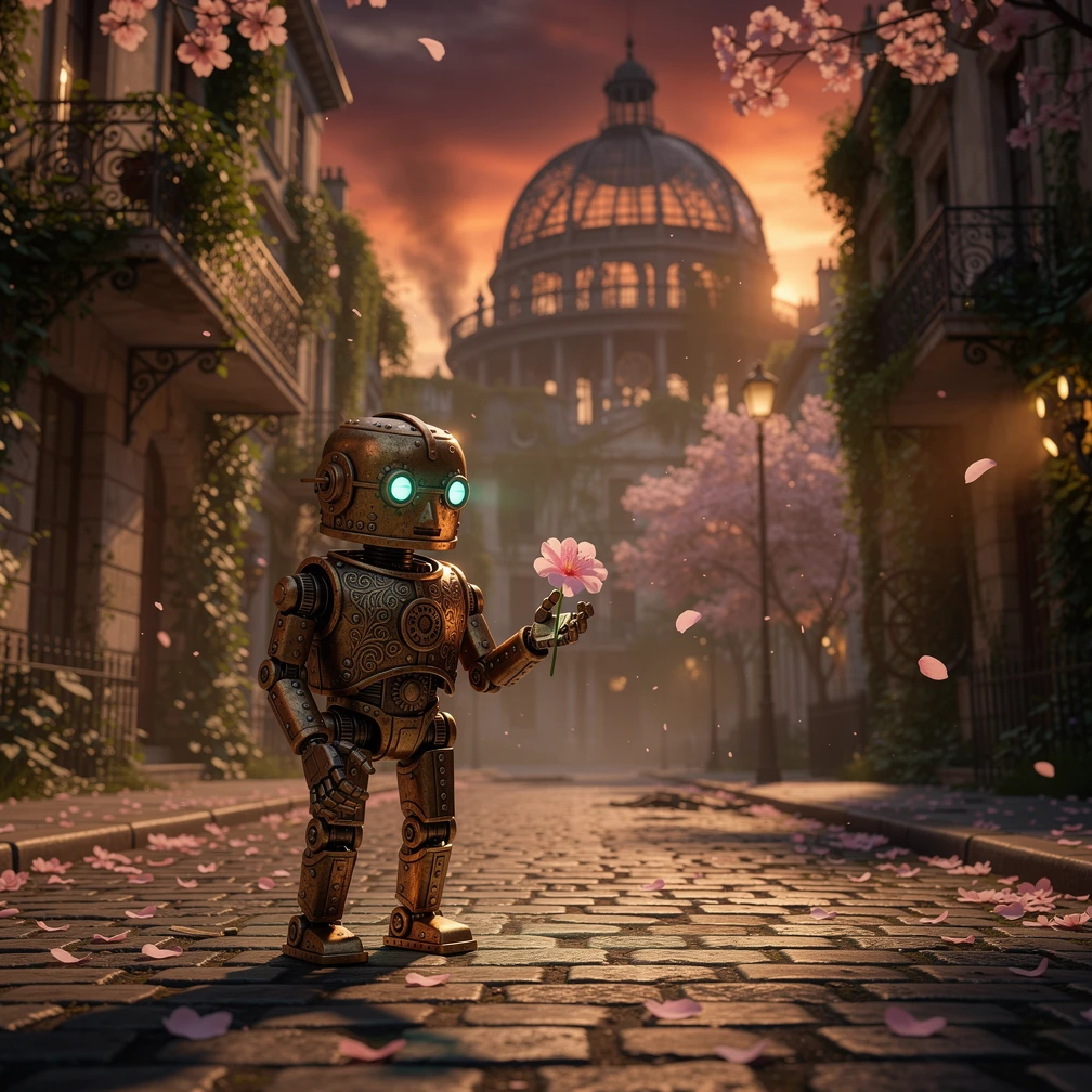 Pequeño robot steampunk sosteniendo una sola flor rosa
