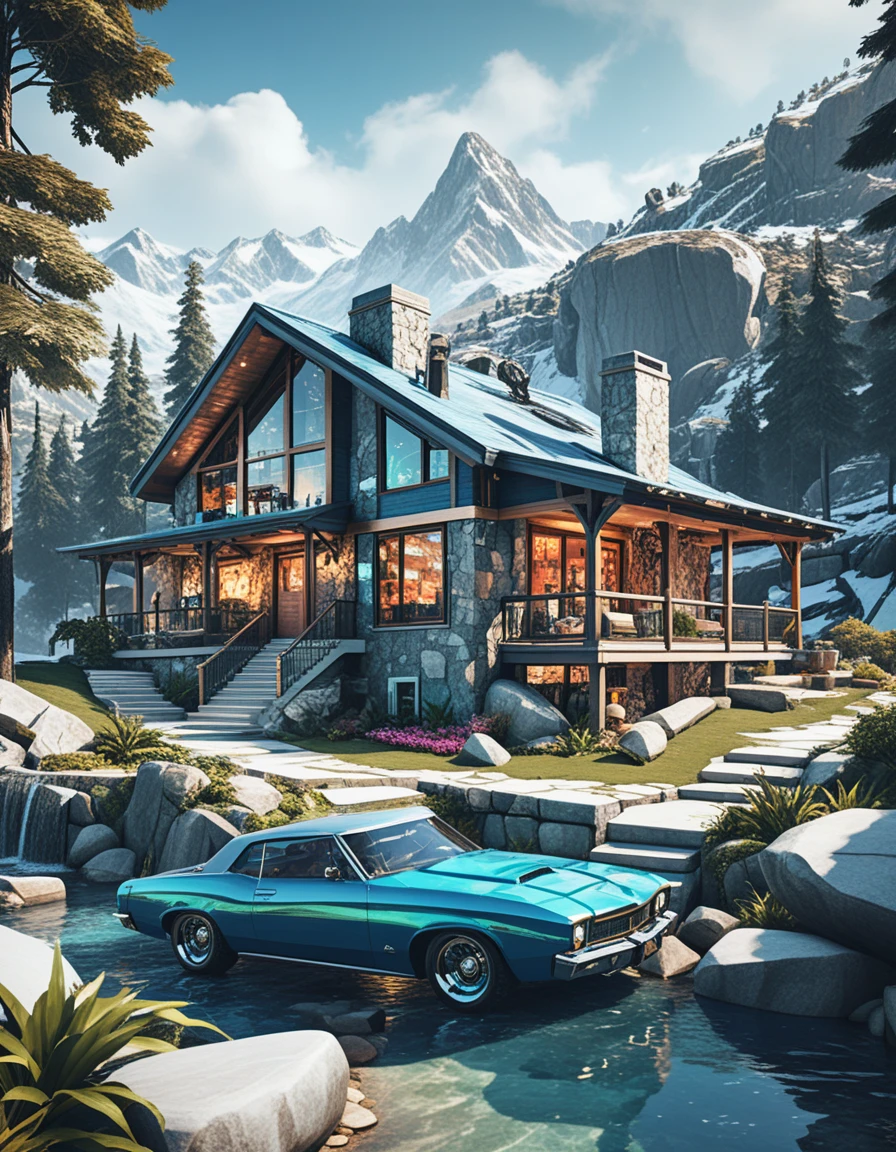 Cabana rústica de montanha de luxo em estilo fantasia isométrico