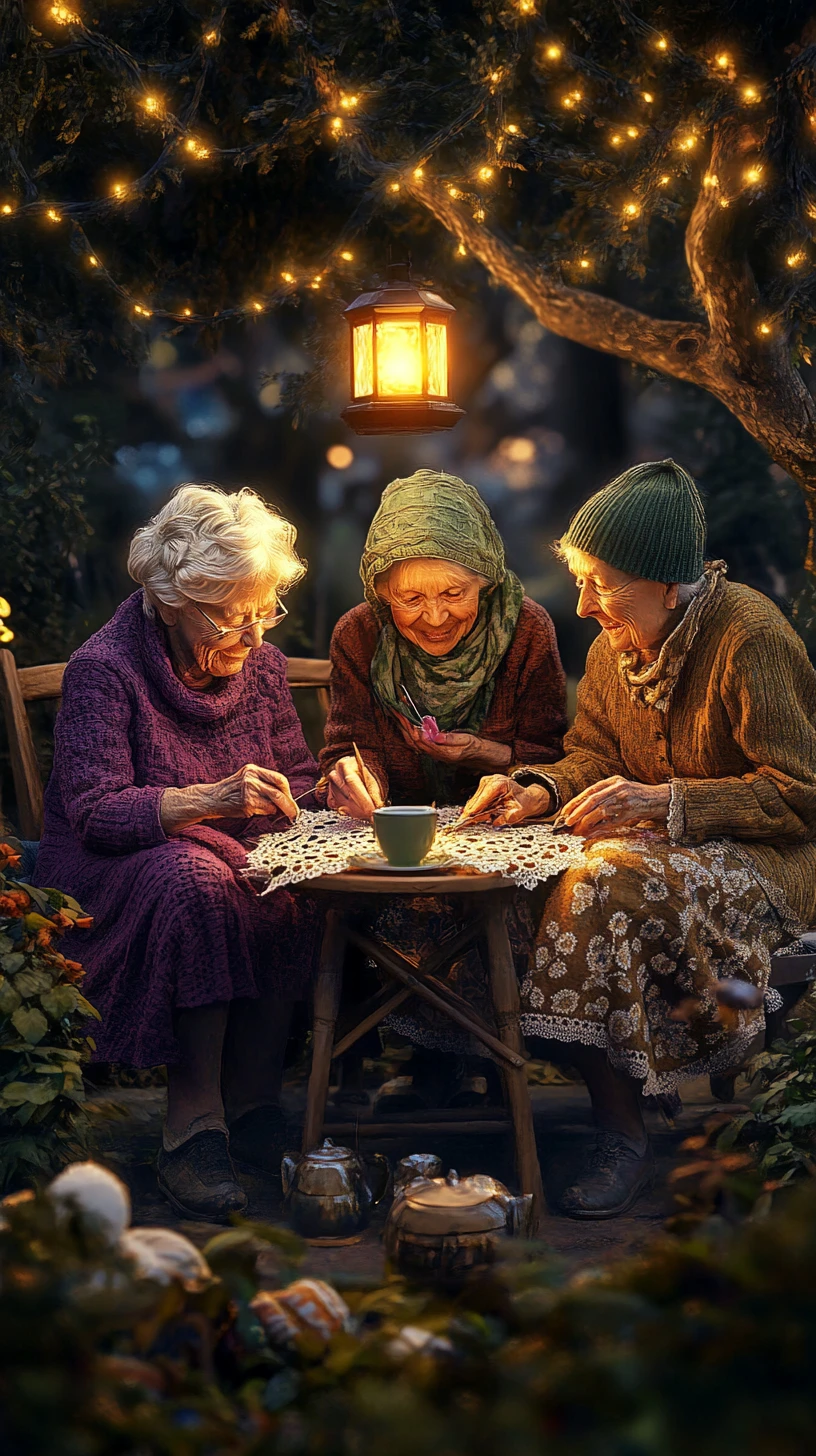 Tres abuelas haciendo encaje juntas en un acogedor jardín