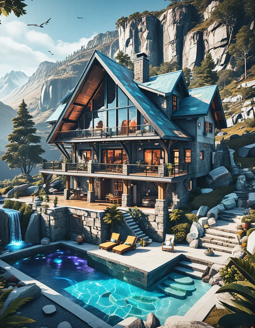 Luxury mountain cabin with rustic stone and dark wood design