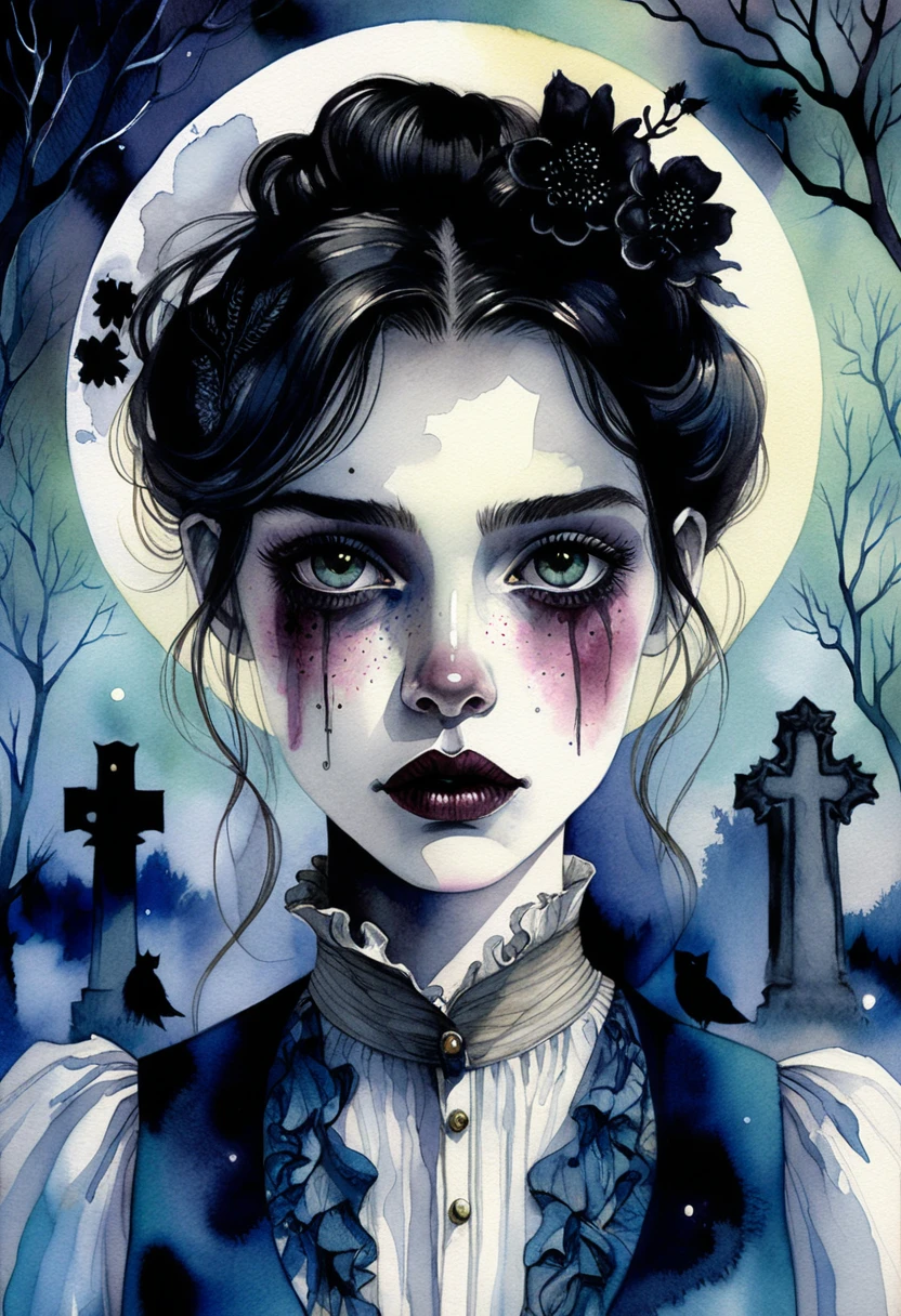 Gothic woman in graveyard under moonlit night sky
