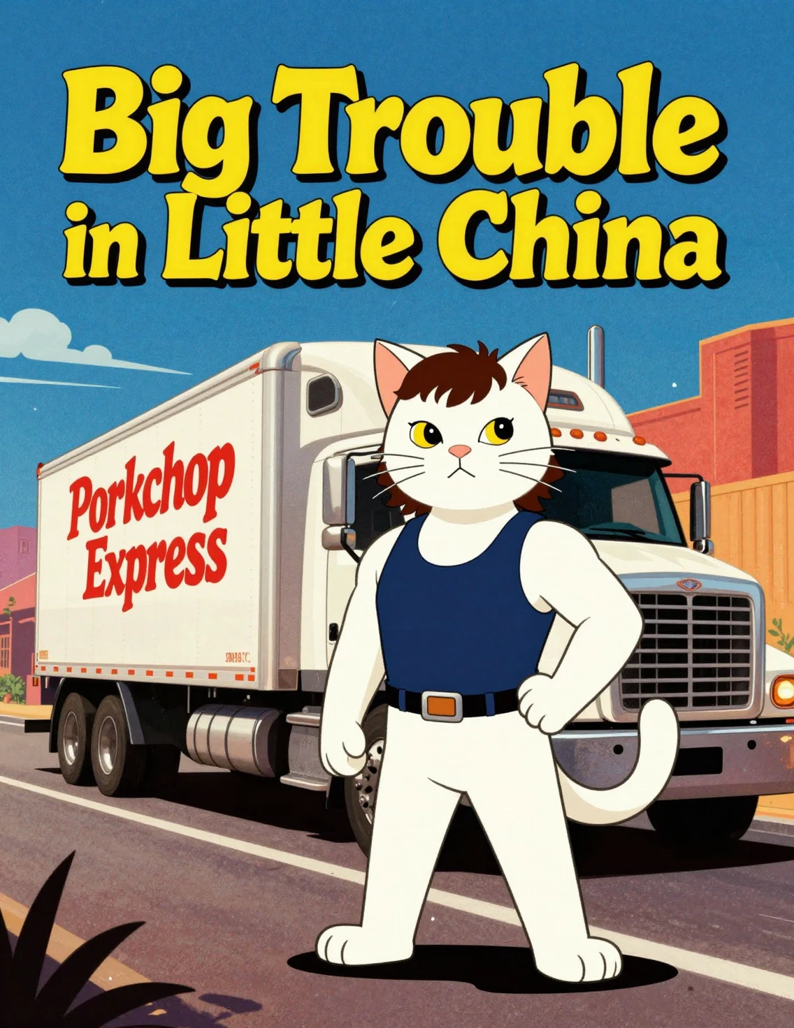Pôster de filme retrô de gatos com caminhão em estilo ousado dos anos 80