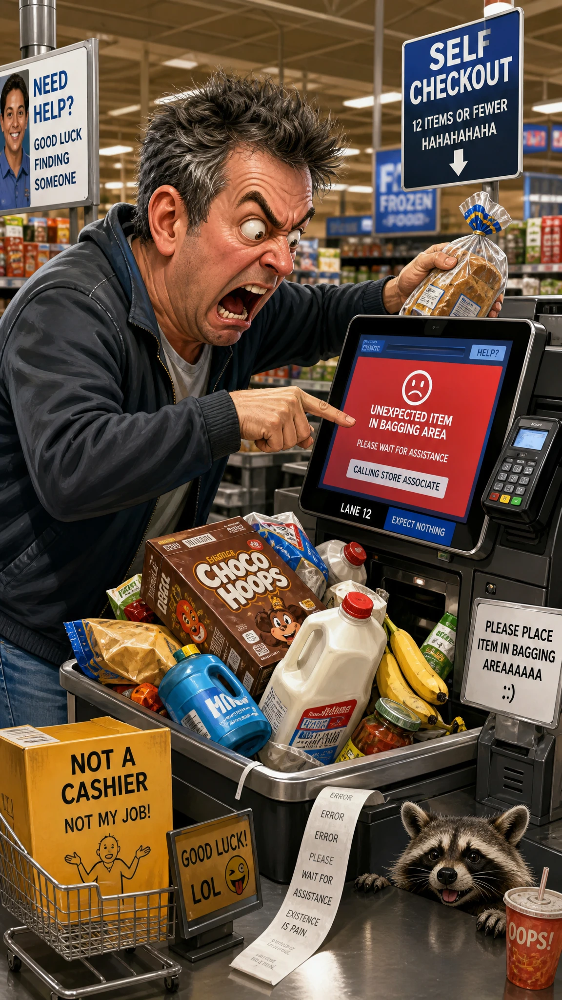 Cliente arrabbiato alle prese con una cassa self-service
