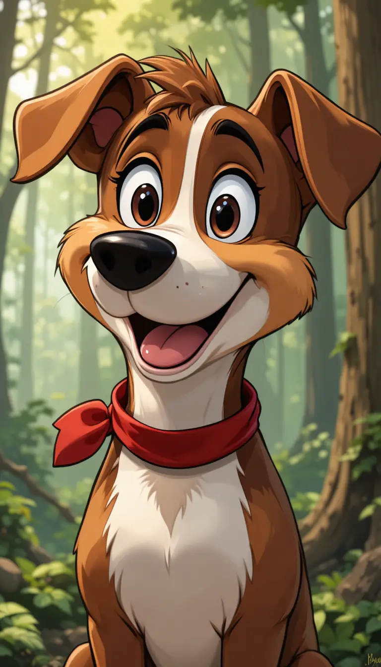 Cane cartoon sorridente con bandana rossa nel bosco in primo piano