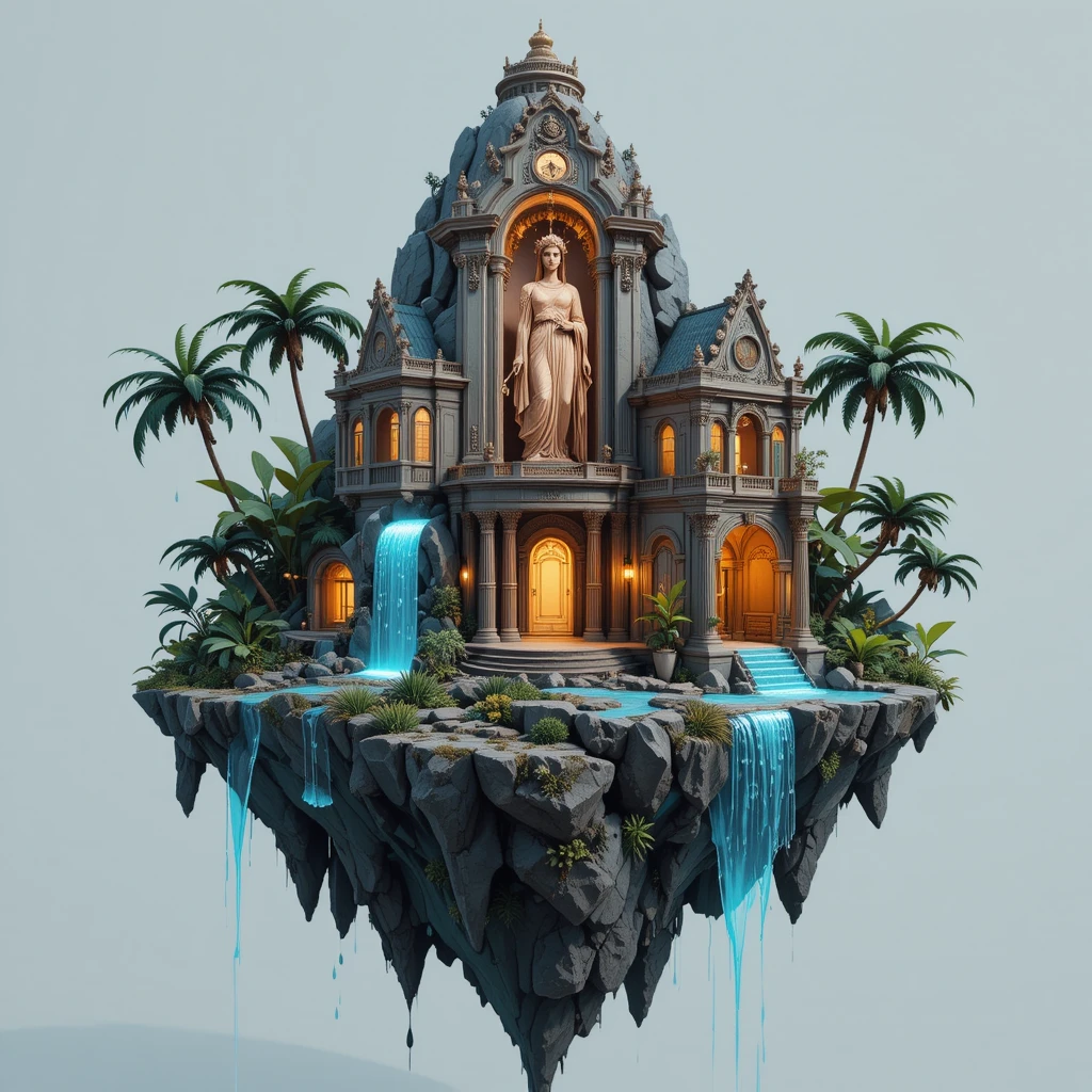 Templo em ilha flutuante com relevo de deusa grega iluminado por néon