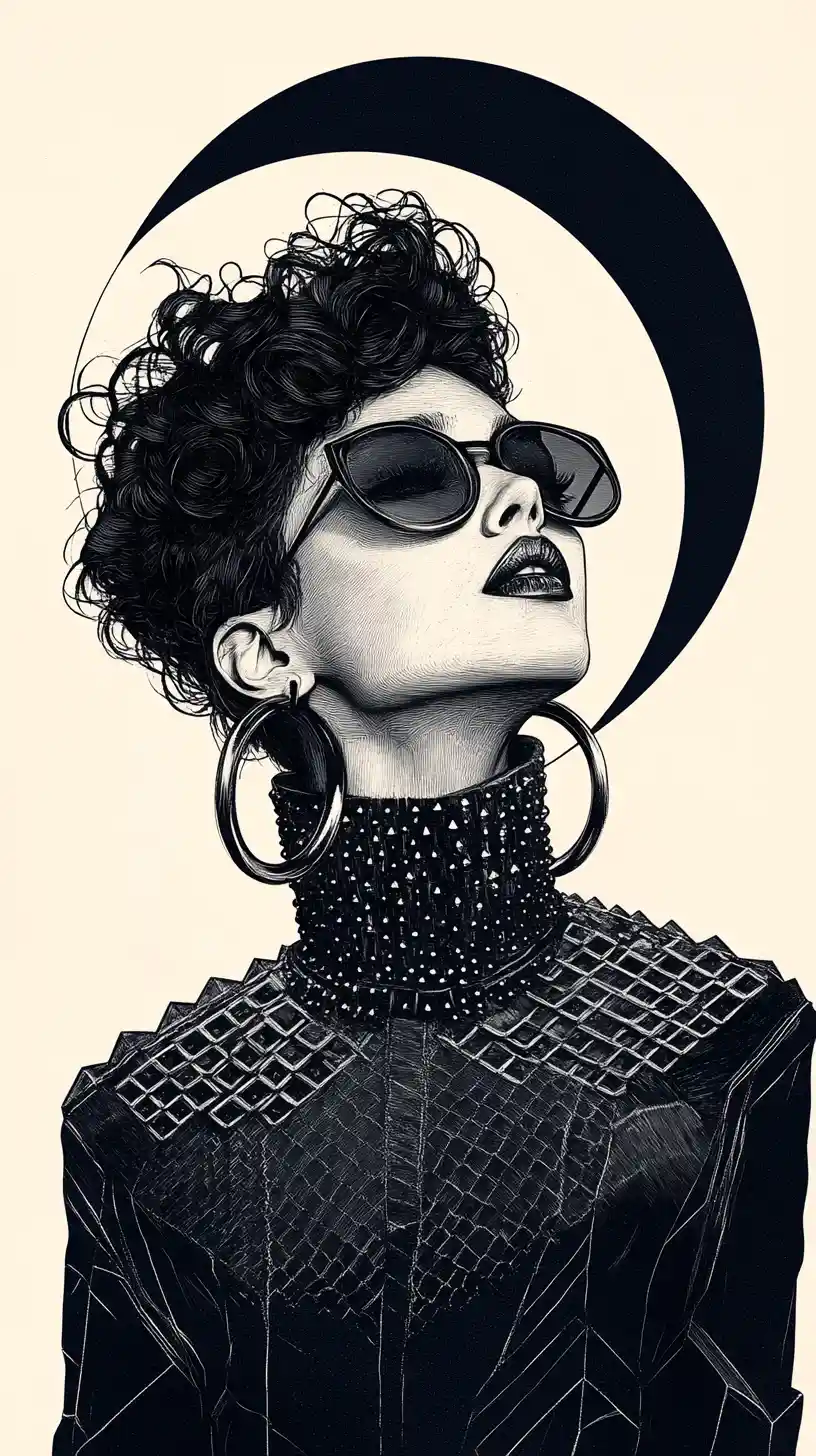 Mujer elegante con cuello ciberpunk y audaz halo gráfico