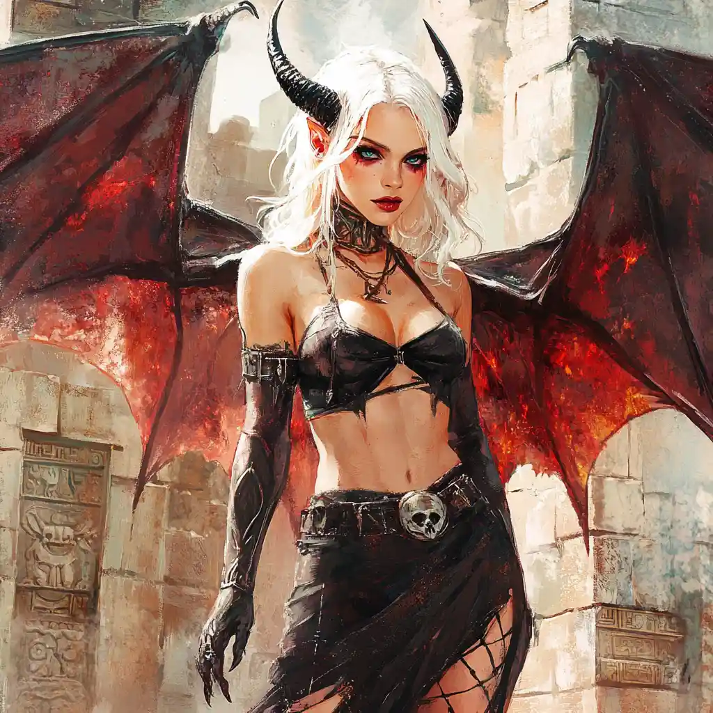 Gotische Tiefling-Frau vor einem antiken aztekischen Tempel