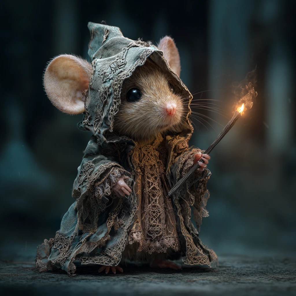Pequeno rato encapuzado segurando uma tocha brilhante