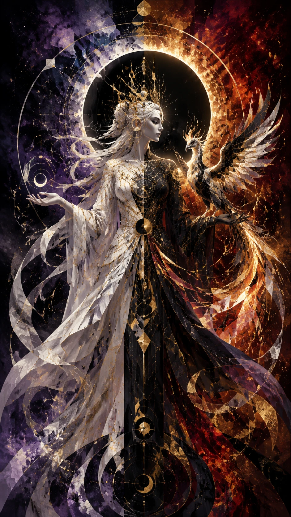 Strega dell’eclissi astratta con fenice cosmica compagna