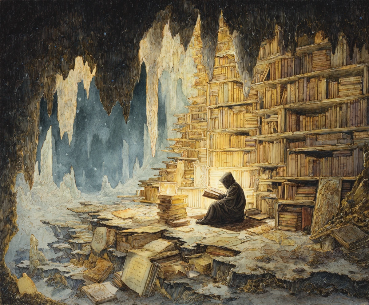 Erudito encapuzado lendo em uma biblioteca geoda ao luar