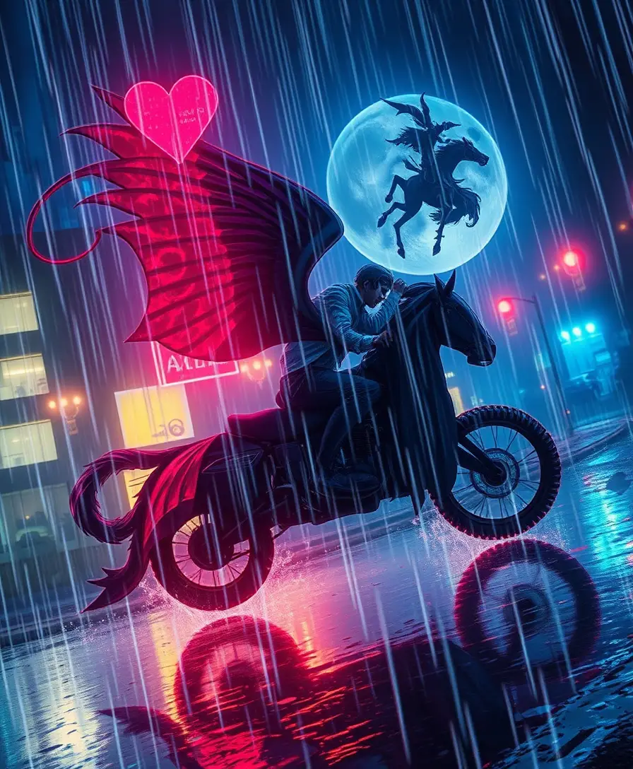 Heartbroken fantasy woman in the rain with a midnight rider