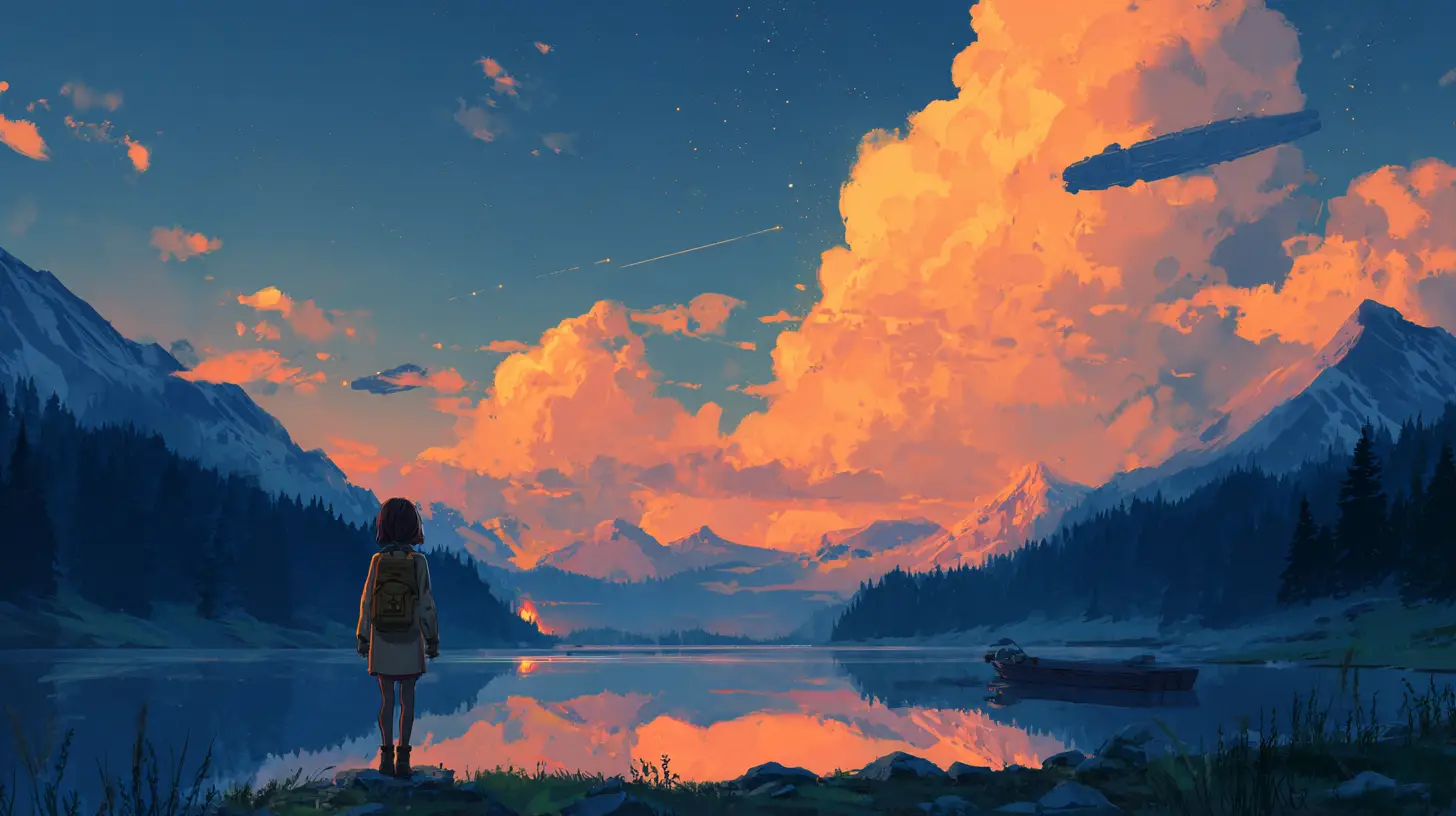 Young girl at a quiet mountain lake at sunset