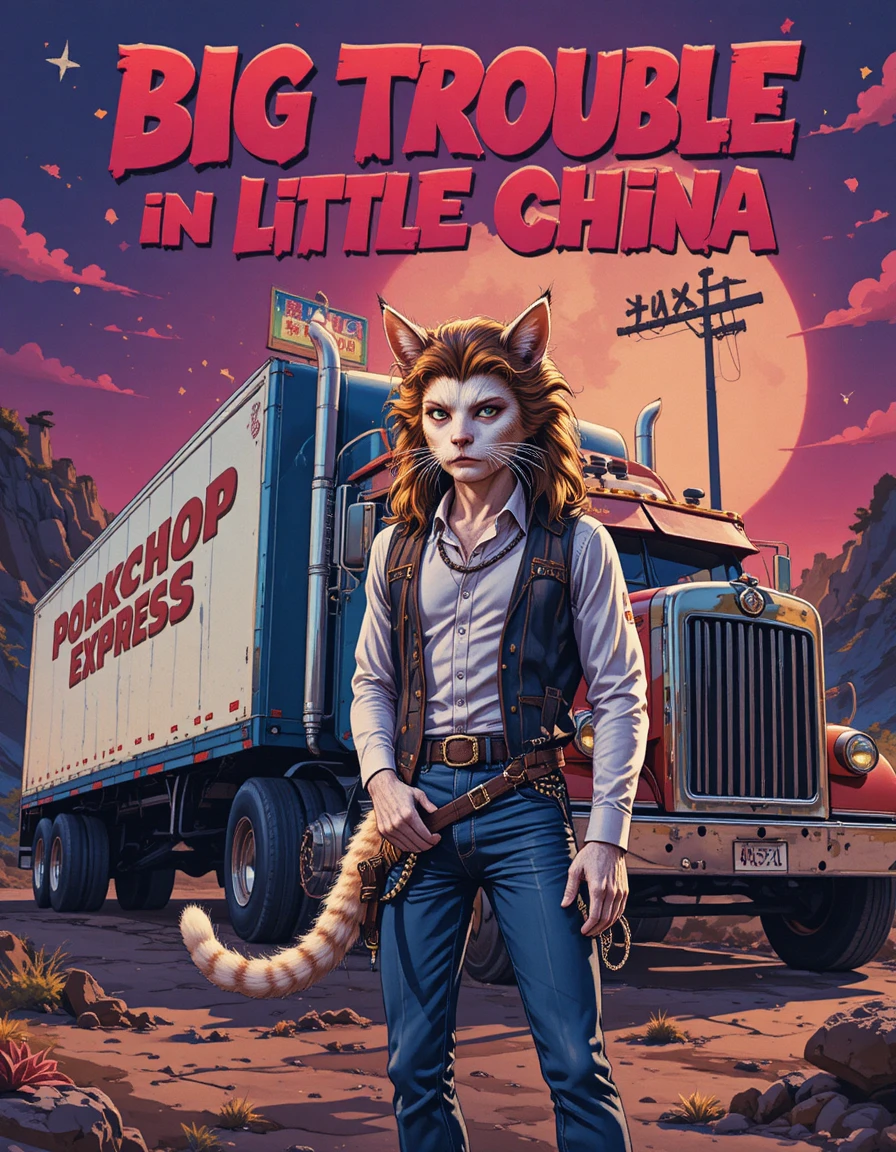 Pôster de filme retrô com gatos heroicos e um caminhão gigante