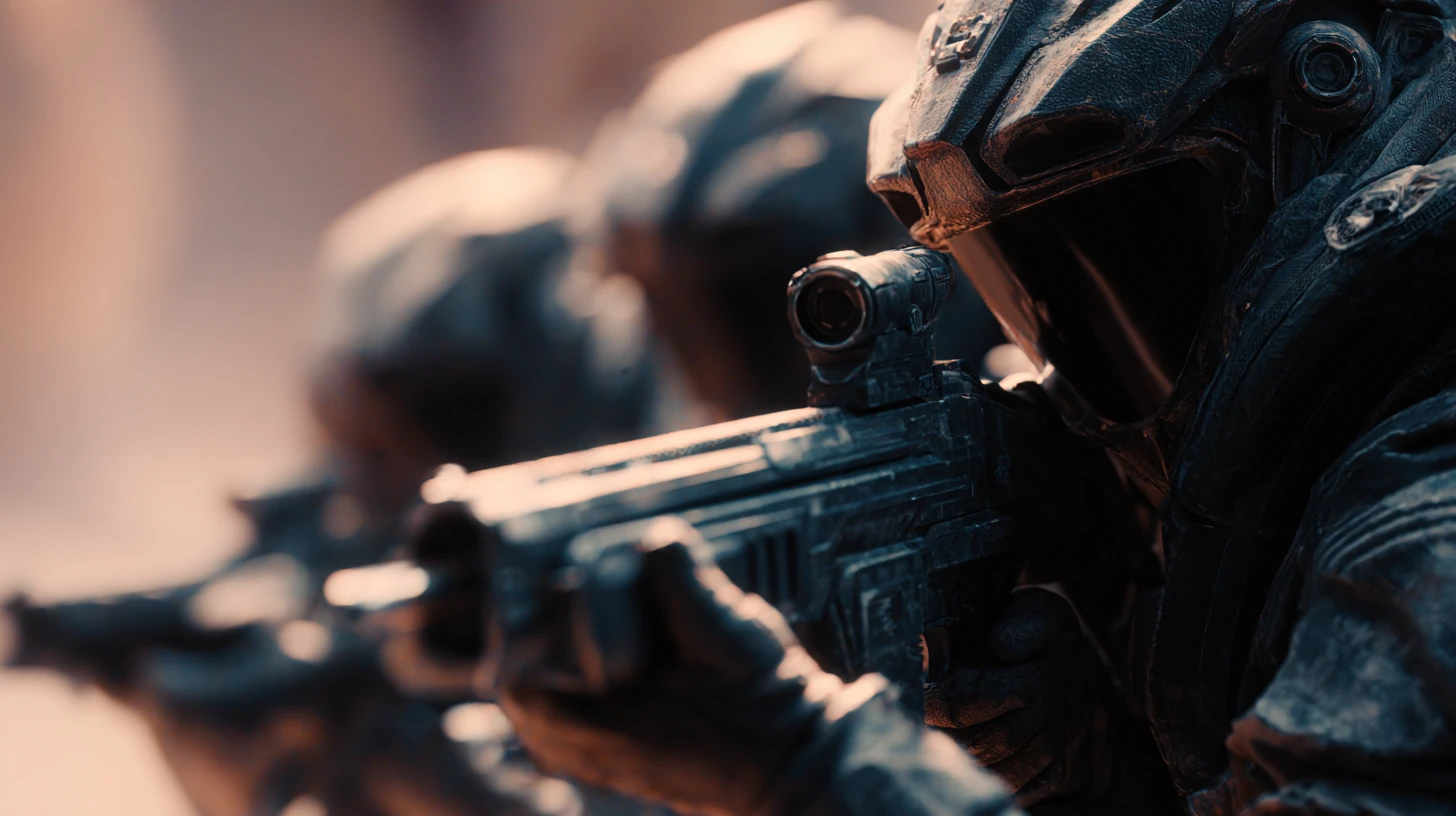 Esquadrão de fuzileiros sci-fi mirando smartgun em campo de batalha alienígena