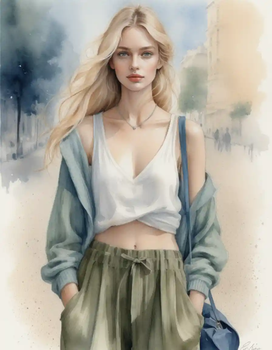 Illustration einer jungen blonden Frau, die auf einem Pariser Boulevard spaziert